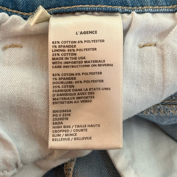 L’AGENCE Jeans Sada High Rise Crop Slim Size 30 Bellevue - Picture 7 of 7